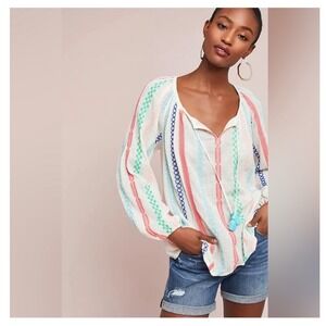 Anthropologie Payal Pratap‎ Women's Manna Embroidered Striped Peasant Top Size S